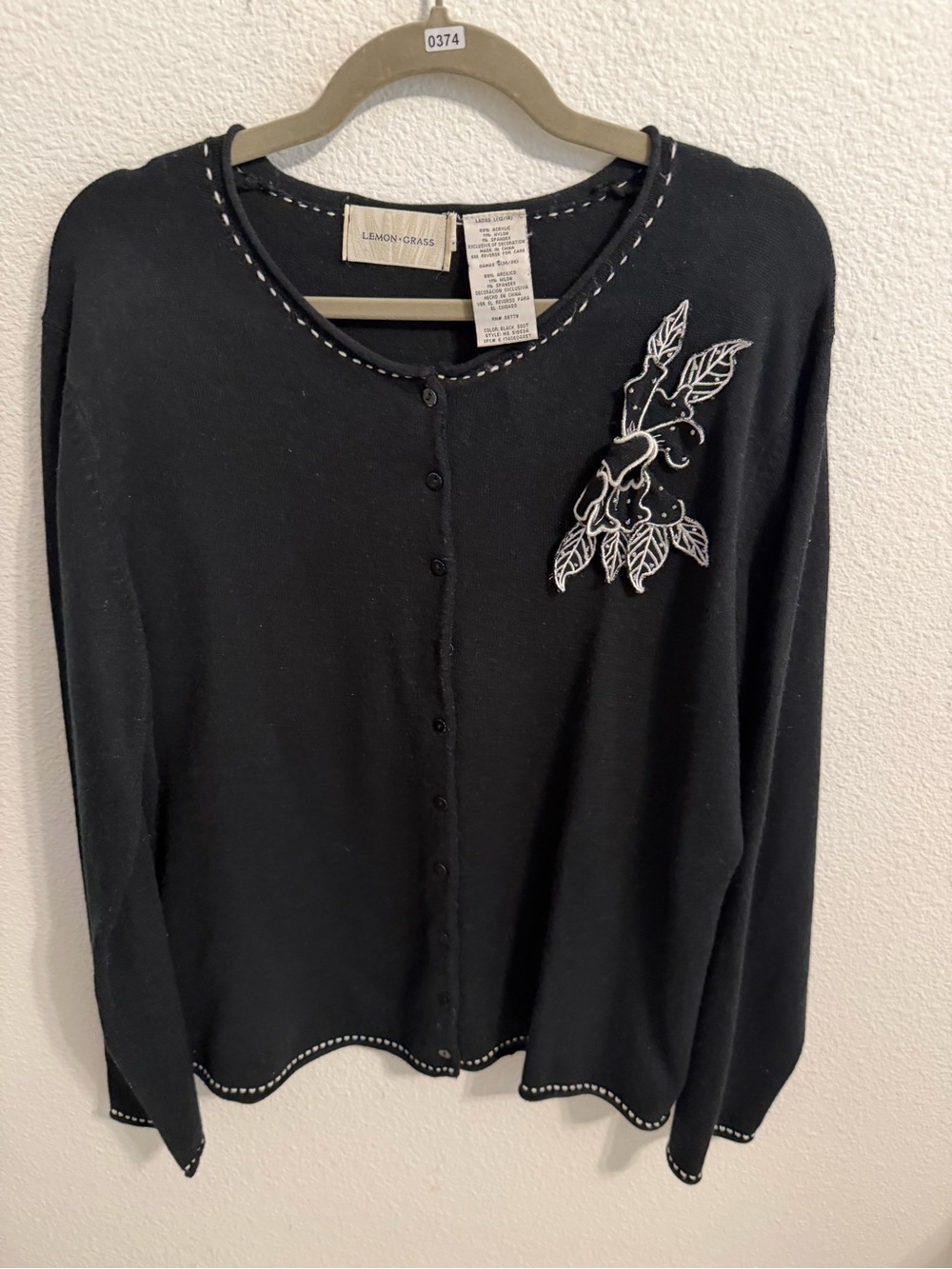 Lemon Grass Black Button-Front Embroidered Cardigan